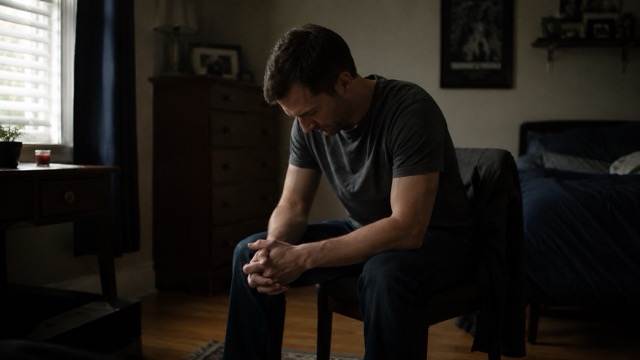 Man sitting quietly looking at the floor in a softly lit room