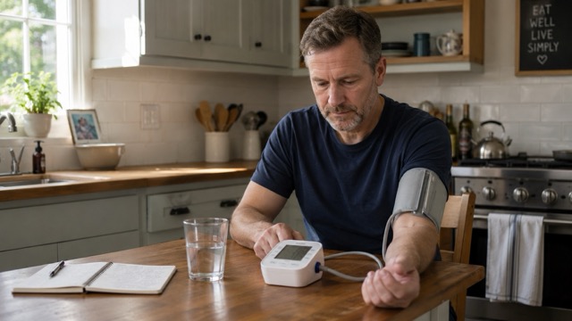 Older man checking his blood pressure at home