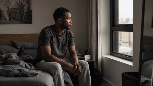 Young South African man sitting on the edge of a bed looking thoughtful